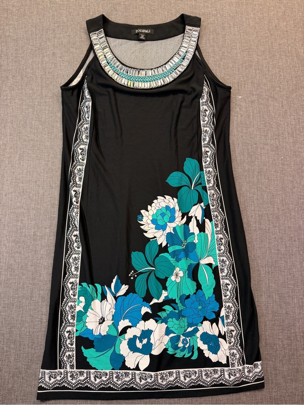 Roz & Ali Black Floral Tank Dress with Beaded Neckline